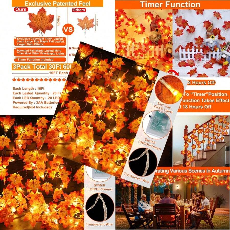 Timer And 3 Pack 30Ft Fall Garland Halloween Fall Decorations For Home 60 LED Leafed Lights Patented Realistic Maples Leafed Battery Operated Autumn Fall Decor Thanksgiving Decorations Indoor Outdoor