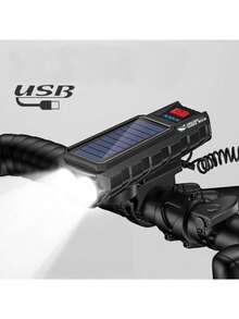 Farol Solar De Bicicleta Led Recarregável Buzina Luz De Bike Usb - Preto - Visão 1