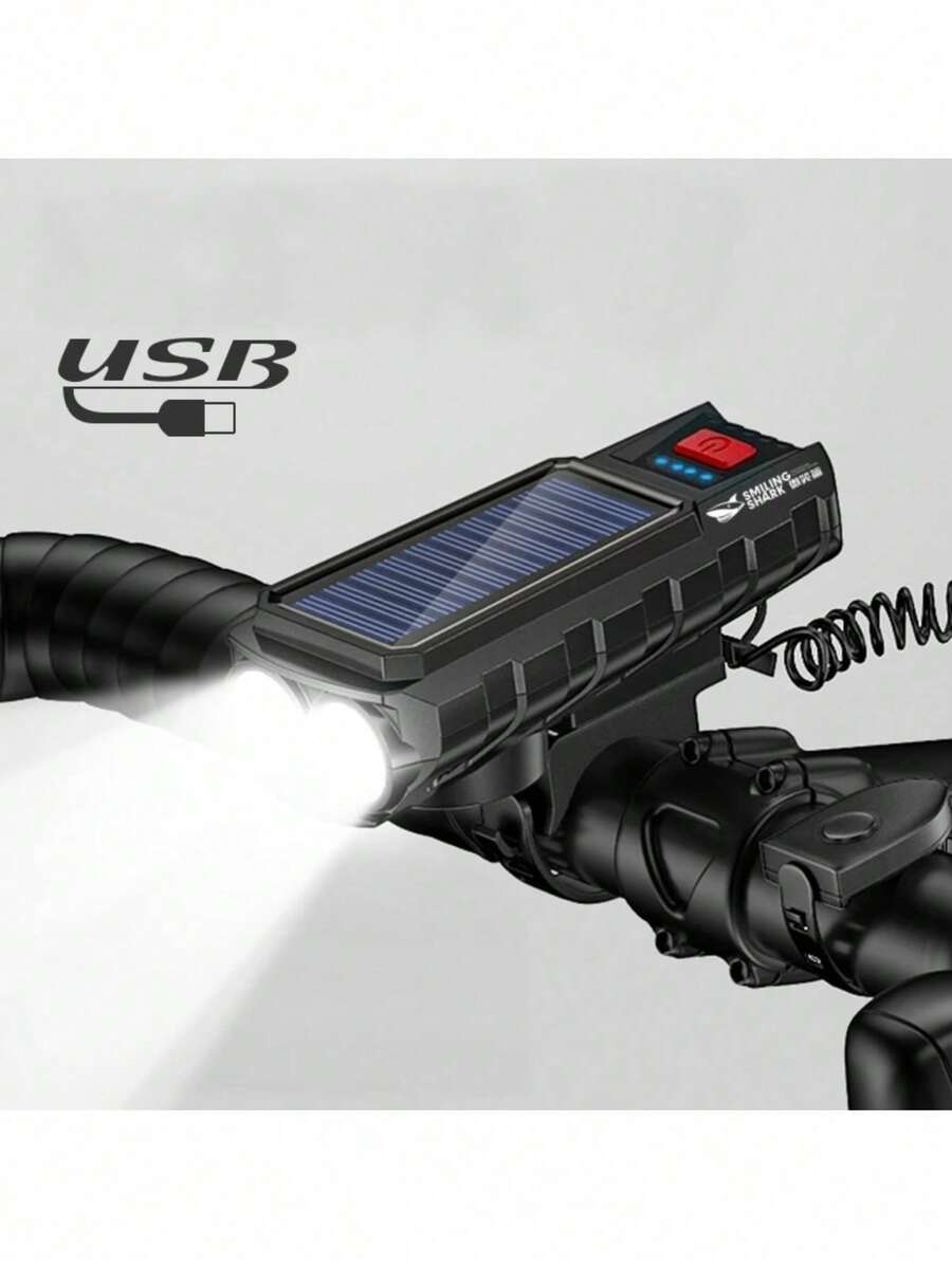 Farol Solar De Bicicleta Led Recarregável Buzina Luz De Bike Usb - Preto - Visão 1