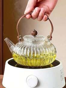 1pc High Heat Resistant Glass Teapot With Filter, Wooden Handle, Thick Glass, Home Use Tea Pot