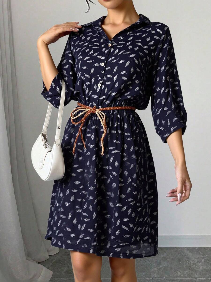 vestido dama mujer estampado mini hojas cuello camisero escote v botonadura frontal manga tres cuartos cintura elástica lazo recto largo medio sensación ligera urbano diario otoño primavera - Azul Marino - Ver 1