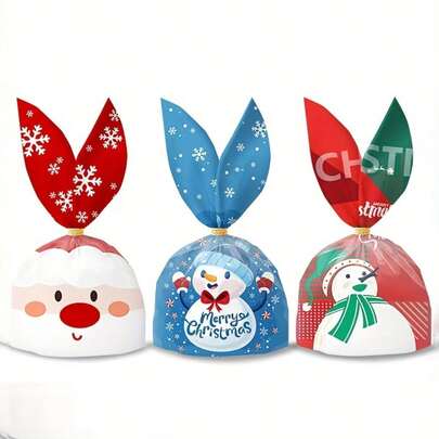 50 pezzi Sacchetti regalo di Natale a forma di orecchie di coniglio - Buste riutilizzabili in plastica per caramelle e regali per le feste