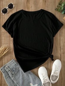 Camiseta relajada de mujer con cuello redondo y mangas cortas de unicolor, uso casual diario, tops para mujeres tshirt - Negro - Ver 2