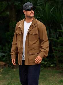 Mens Military Jacket Full Zip And Button  Field Jacket Multi Pocket Cargo Outdoor Coathalloween - 棕色 - 查看 8