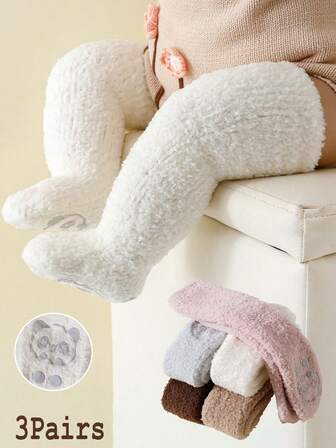 3 Pairs Baby Thick Fleece High Socks, Panda Grip Bottom Floor Socks, Warm For Autumn/Winter, Suitable For Below 5 Degrees