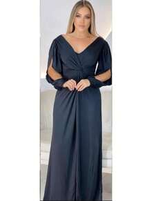 Long Sleeve Dress With Fluity Slit And V-Neckline - 黑色 - 查看 2