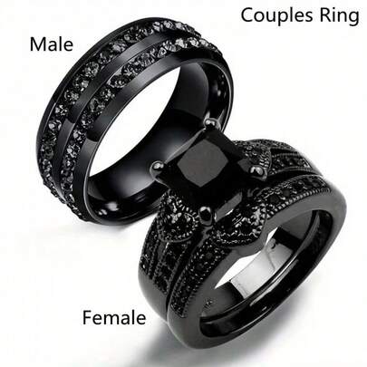 1 Pc Fashion Couple Rings Women Black Heart Rhinestones Artificial Ziroconia Rings Set Men's Two Rows Black Stainless Steel Ring Wedding Jewelry