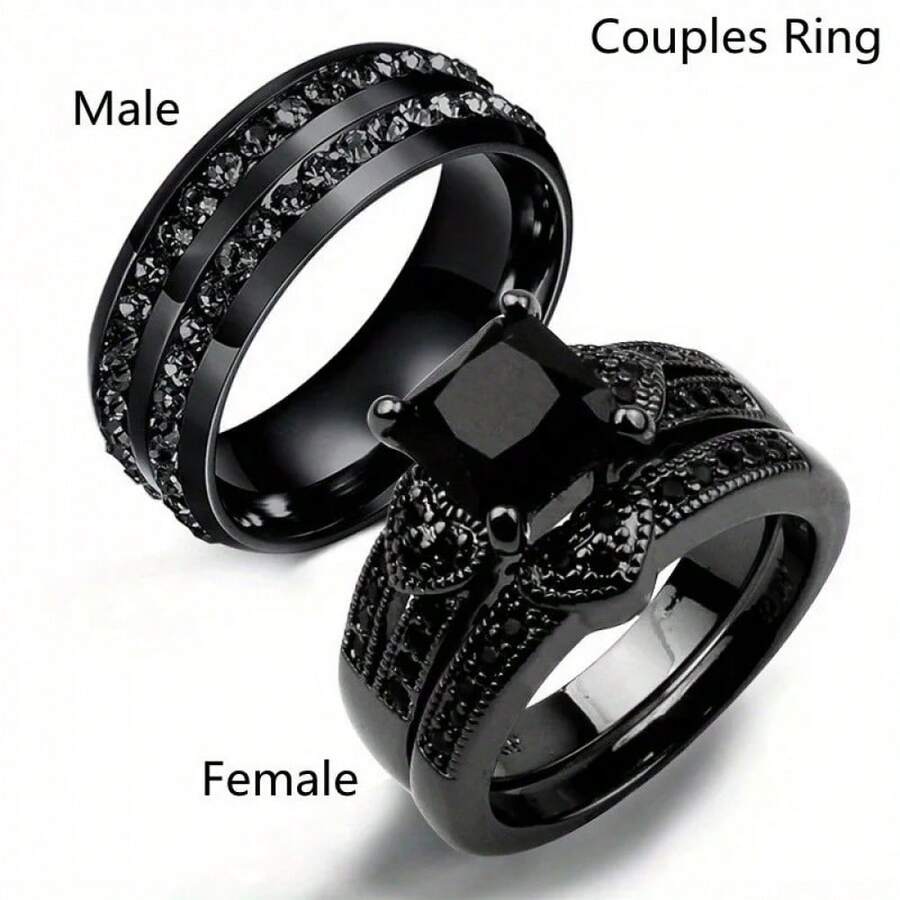 1 Pc Fashion Couple Rings Women Black Heart Rhinestones Artificial Ziroconia Rings Set Men's Two Rows Black Stainless Steel Ring Wedding Jewelry - Nam giới - Xem 1