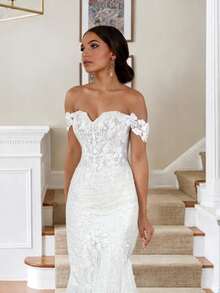Elegant Sexy Lace Applique Off Shoulder Mermaid Wedding Dresses For Bride,Evening Party Dress Bridesmaid Dress Birthday Party Dress,Romantic Church Ceremony Wedding Dress,Suitable For Wedding,Dating,Party,Singles' Party,Vacation,Formal Occasions,Dinner Dress,Prom Dress,Homecoming Dress,Cocktail Party,Wedding Guest Dress,Graduation - trắng - Xem 5