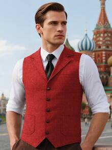 Retro Men's Western Cowboy Suit Vest Slim Fit V Neck Suede Leather Dress Vests Vintage Prom Wedding Casual Waistcoat - 紅色 - 查看 3