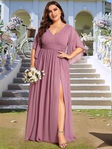 EVERPRETTY 大碼荷葉袖高衩雪紡伴娘連衣裙