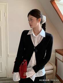 女士春季针织上衣，深灰色针织拼接开衫，修身喇叭袖衬衫，黑色 - 黑色 - 查看 8