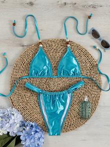 Sexy & elegantes himmelblau Bikini Set - Dreieckiger Top mit verstellbaren Trägern und hochgeschnittene Bikinihose | Damen Bademode für den Strandurlaub - Blau - Übersicht 7