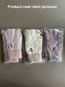 A Pair Of Korean-Style Cute Snowman Embroidered Plush Gloves, Touchscreen-Compatible Gloves, Christmas Atmosphere Gloves, Christmas-Style Gloves, With Cute Snowman Patterns, Women's Winter Fleece-Lined Warm Gloves.