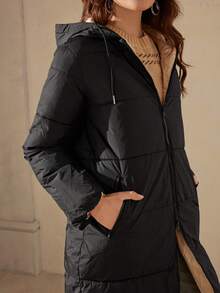Wildy Zip Up Drawstring Hooded Padded Coat - Black - View 6