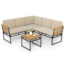 Set Of 4 Outdoor Sectional Sofa L-Shaped Metal Conversation Set W/ Cushions - Beige - View 6