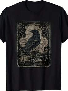 Limited Edition Gothic Crow Tarot T-Shirt ,Black Tee With Gothic Raven & Tarot Card Design, Ornate Raven & Moon Phase Print, All-Season Comfort, Casual Gothic Clothing For Men & Women, Halloween Gift, Dark Fantasy Apparel - 黑色 - 查看 1