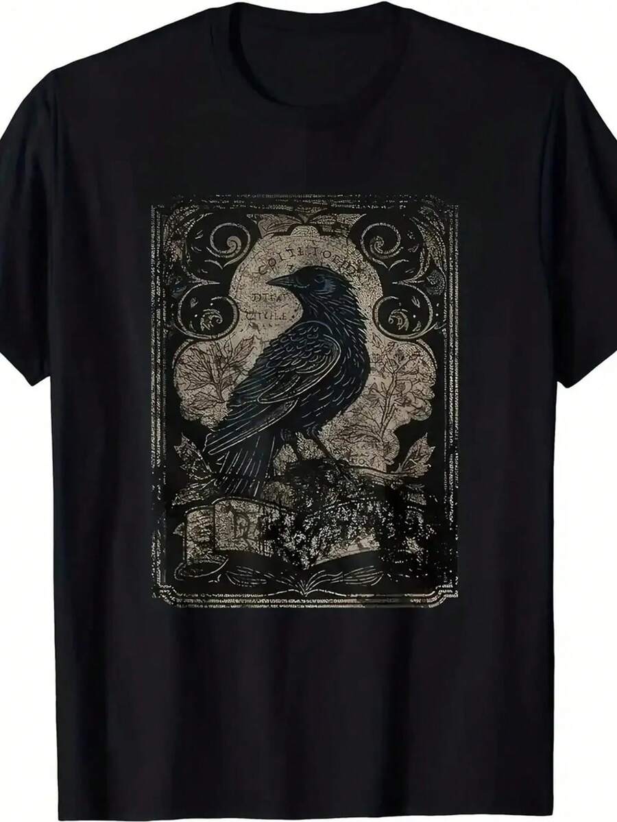 Limited Edition Gothic Crow Tarot T-Shirt ,Black Tee With Gothic Raven & Tarot Card Design, Ornate Raven & Moon Phase Print, All-Season Comfort, Casual Gothic Clothing For Men & Women, Halloween Gift, Dark Fantasy Apparel - 黑色 - 查看 1