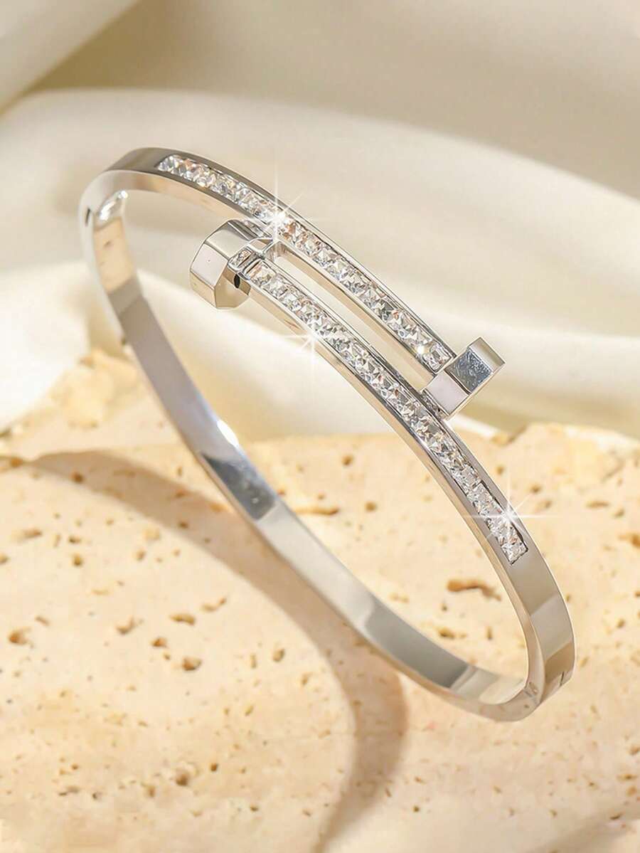 1pc Stainless Steel Fashionable, Minimalist, Versatile, Luxury Rhinestone Waist Bracelet, Creative Gift Jewelry For Women