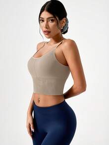 Leorrey 1pc Women's Fashion Sexy Criss-Cross Spaghetti Strap Ribbed Bodycon Soft Comfortable Sportswear - Khaki - View 9
