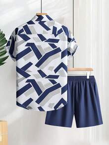 Conjunto de dos piezas para hombre con estampado geométrico de verano Camisa pantalón corto de estilo hawaiano para hombre Ligero y transpirable - Azul - Ver 3