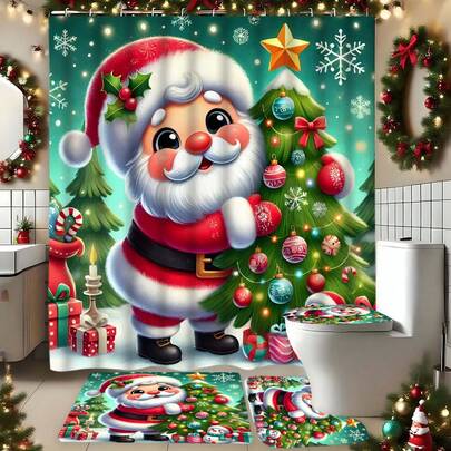 1/4 件圣诞树、圣诞老人印花浴室套装，包含防水浴帘、防滑垫、马桶座套、浴室垫和 12 个塑料挂钩、浴室配件、家居装饰