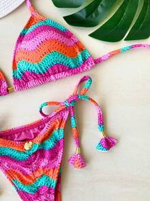 Ripple Triangle Bikini With Removable Padded Cups And Crochet In Pink - 彩色 - 查看 3