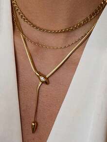 Simple Classic Zirconia Serpentine Necklace 18K Gold Color Plated Stainless Steel Serpentine Chain Stackable Chain Women's - Gold - View 8