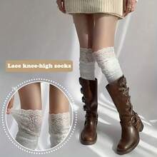 1 Pair Women Cotton Knitted Boot Socks Knee High Socks Lace Trimmed Trimmed Long Tube Socks, One Size, White-Black - 白色 - 查看 5