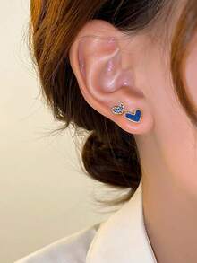3 Pairs Minimalist Chic Petite Elegant Heart-Shaped Glass Inlaid Earrings Set, Suitable For Daily Wear And Gatherings - Blue - View 5