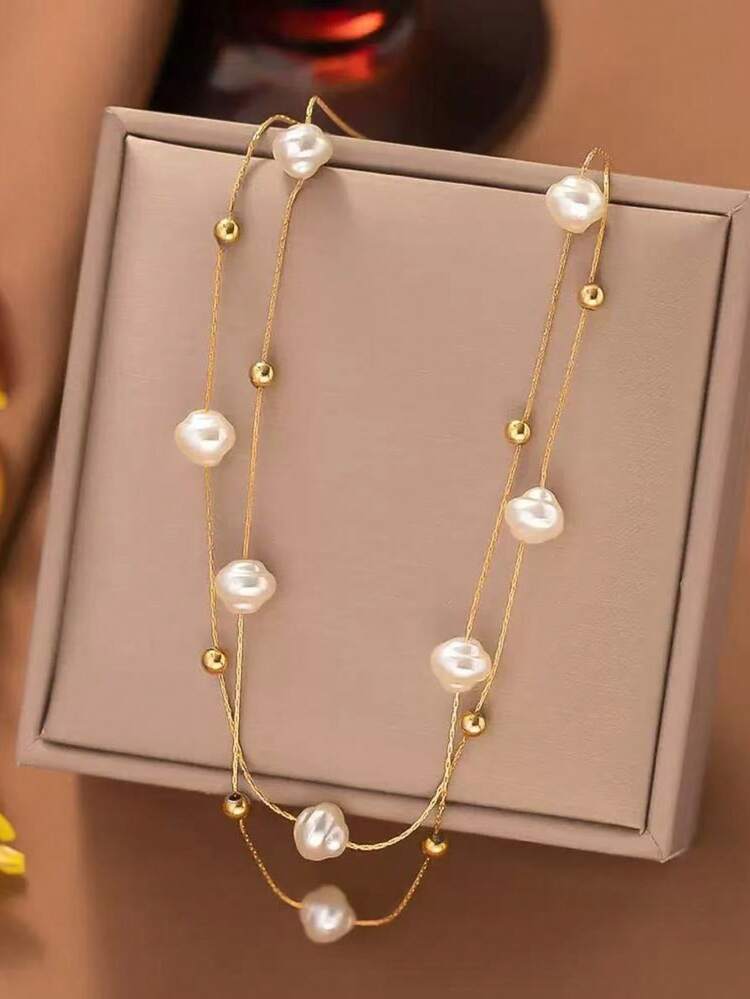1 chiếc dây chuyền ngọc trai giả, kiểu dáng tối giản thanh lịch dành cho nữ, thích hợp cho các bữa tiệc và họp mặt (Đóng gói trong túi OPP) - vàng óng ánh - Xem 1