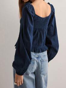 Women's Autumn Casual Tops Long Puff Sleeve Scoop Neck Solid Color Button Up T-Shirt - Blue - View 5