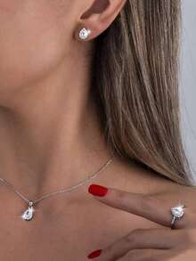 Vaerine 1set Elegant 925 Sterling Silver Zirconia Teardrop Jewelry Set Including Earrings, Necklace And Ring For Women, Great For Dates, Parties, Weddings Or Daily Use - Water Drop - View 6
