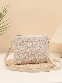 1个女士信封包，镂空提花设计女士单肩包，时尚简约女包，钩针编织包，撞色拼接PU材质斜挎包，甜美可爱小巧斜挎包，米色手拿包，迷你沙滩包腕包零钱包单肩斜挎包，女士春夏新款百搭小巧镂空单肩斜挎甜美方包，适合聚会、外出 - 米色 - 查看 7
