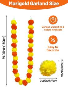 1 pieza/2 piezas/3 piezas/4 piezas Guirnalda de caléndula para decoración, 5 pies de largos hilos rojos y amarillos de flores de caléndula artificiales para decoración del hogar para Diwali, Pooja, Día de los Muertos, bodas y eventos navideños