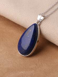 1 chiếc vòng cổ hình giọt nước bằng hợp kim mạ bạc cổ điển bằng đá aquamarine tổng hợp - Đá lapis lazuli giọt nước dài tổng hợp - Xem 1