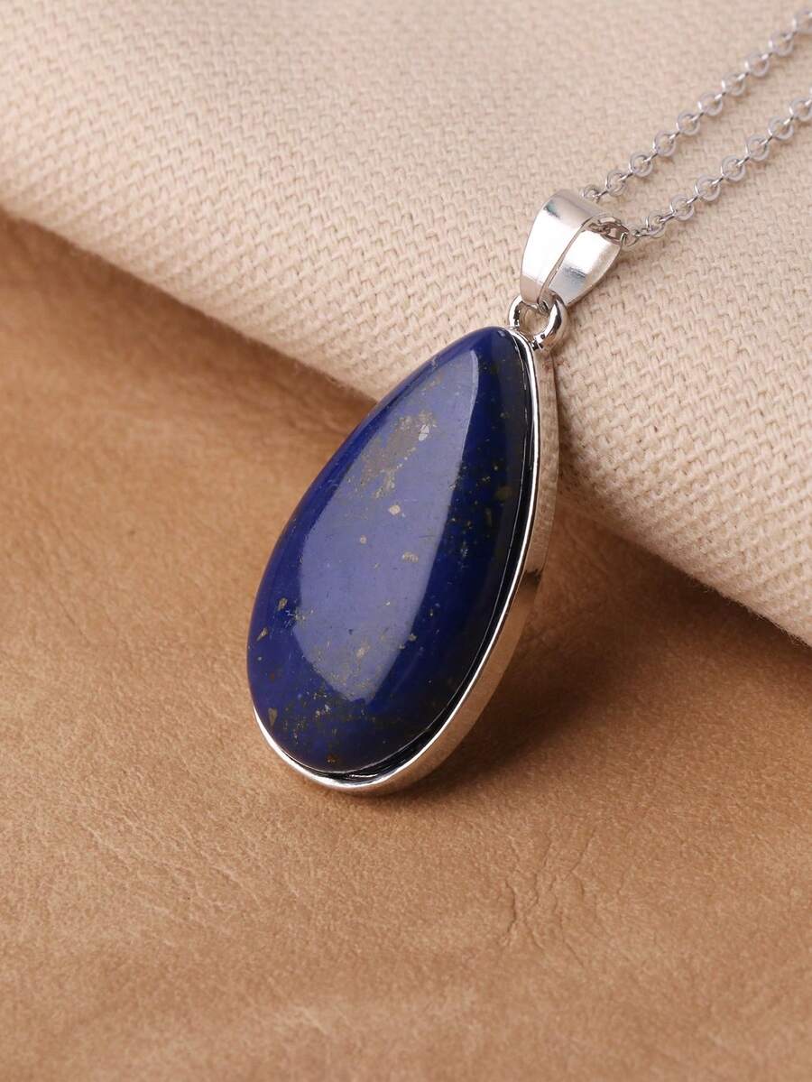 1 chiếc vòng cổ hình giọt nước bằng hợp kim mạ bạc cổ điển bằng đá aquamarine tổng hợp - Đá lapis lazuli giọt nước dài tổng hợp - Xem 1