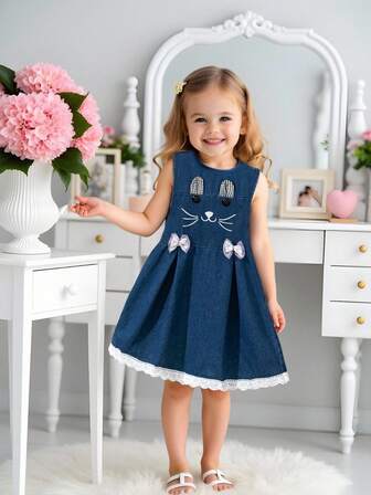 夏季休闲时尚女童连衣裙，刺绣猫咪图案+蝴蝶结装饰水洗牛仔连衣裙，适合女童日常休闲穿着