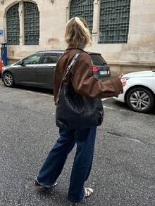 女士休闲通勤时尚长袖绒面革拉链夹克，秋季 - 棕色 - 查看 6