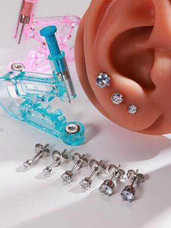 8 st/set engångs sterilt smärtfritt öronpiercingkit, inkluderar vita diamantöronstift och 3 par 3-5 mm rostfria stålöronstift med 6 stift och zirkonia, lätt att använda för sig själv eller för öronskönhetsaccessoarer