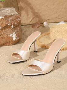 Sandalias de tacón de aguja sexy para mujer de talla grande, sandalias casuales de slip-on para primavera/verano, adecuadas para recados, oficina, fiesta, versátiles tacones de aguja blancos/negros - Beis - Ver 5