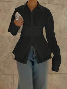 Áo sơ mi nữ dài tay dáng ôm, màu trơn, thanh lịch, có cổ, chất liệu polyester, cài nút, màu đen, thích hợp cho mùa xuân. - màu đen - Xem 5