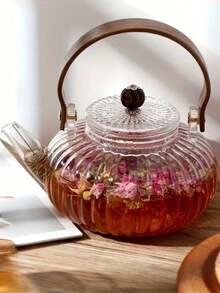 1pc High Heat Resistant Glass Teapot With Filter, Wooden Handle, Thick Glass, Home Use Tea Pot