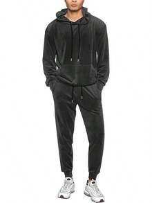 Mens 2 Piece Velour Hoodie Tracksuit Long Sleeve Velvet Hooded Pullover Casual Athletic Jogging Sweatsuit Set-2025 - 灰色 - 查看 1