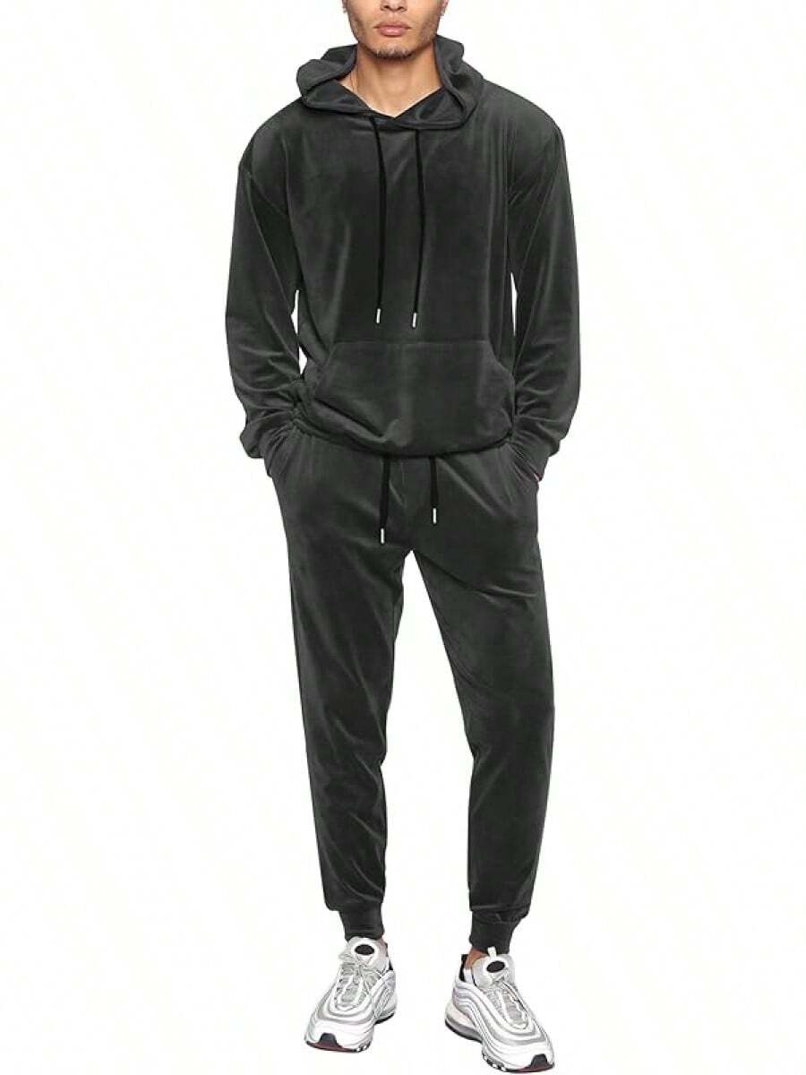 Mens 2 Piece Velour Hoodie Tracksuit Long Sleeve Velvet Hooded Pullover Casual Athletic Jogging Sweatsuit Set-2025 - 灰色 - 查看 1