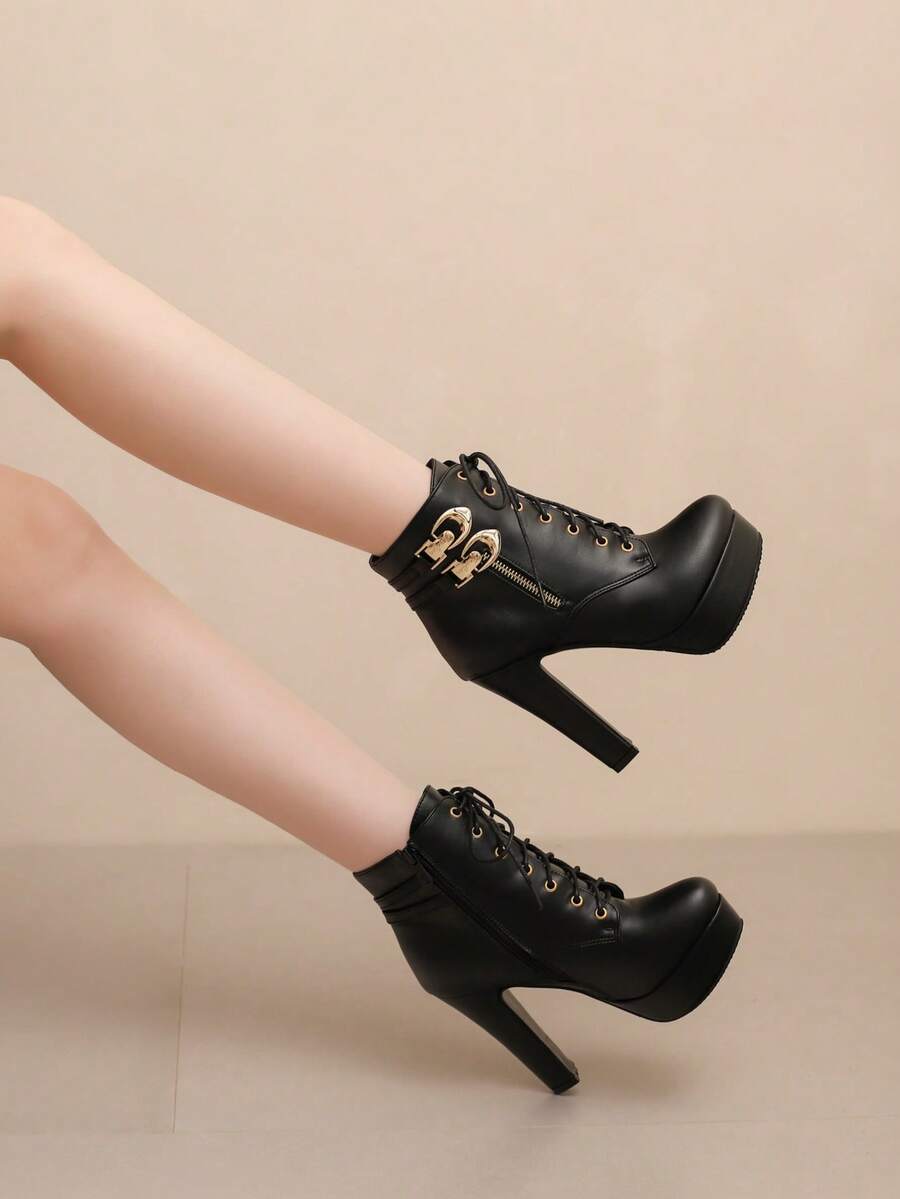 High Heel Princess Shoes, Thick Heel Leather Lace-Up Sexy Waterproof Platform Ankle Boots, Autumn/Winter New Style - Black PU - View 1