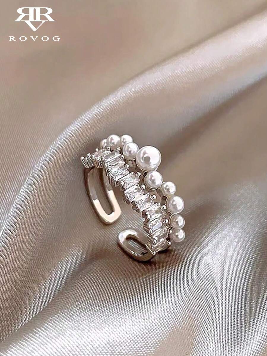 1 chiếc nhẫn dự tiệc cocktail đính đá Cubic Zirconia giả ngọc trai sang trọng độc đáo dành cho nữ - Bạc - Xem 1