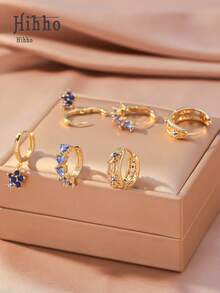 Hihho 6 件简约闪亮方晶锆石花朵吊坠，心形圈形耳环，复古镂空花卉圈形耳环首饰套装，奢华珠宝礼物，色彩缤纷的多元素，适合日常佩戴和节日 - 彩色 - 查看 3