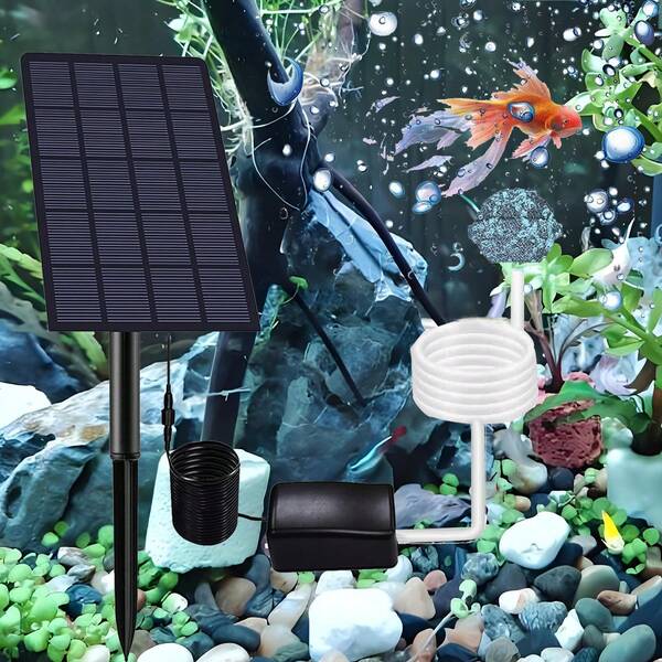 Solar Fish Tank Oxygen Pump, 2W Plug-In Aquarium Oxygenator, Fishing Oxygenator Air Pump With Piped Bubble Rock For Fish Tanks, Outdoor Ponds (Single Head Direct Drive)