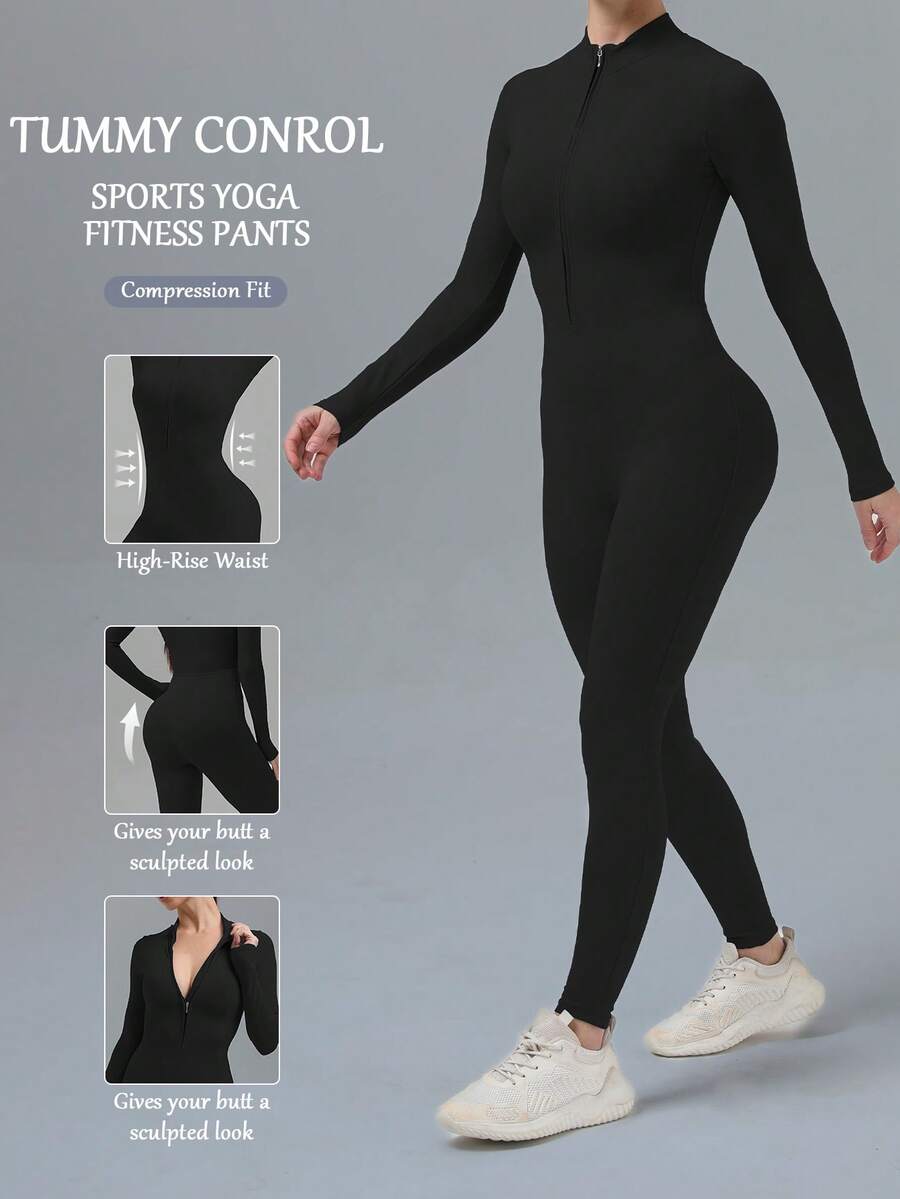 RUNONWHEELS 5 Women's Yoga Jumpsuit Women's Long Sleeved Tight Fitting Ski Jumpsuit Exercise Long Sleeved Sports Jumpsuit Quick Drying High Elasticity, Buttery Soft Gym Yoga Sports Jumpsuit Bodysuit Romper - 黑色 - 查看 1